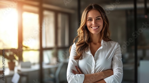 Confident businesswoman standing in office. Smiling woman standing with her arms crossed