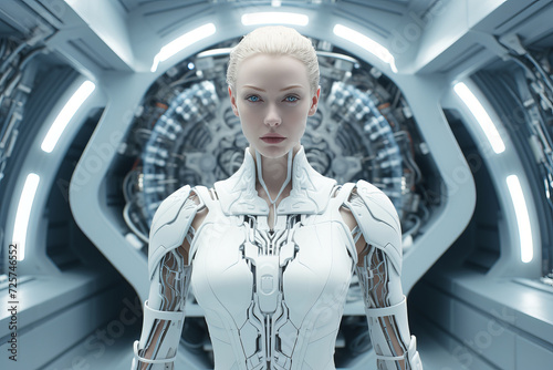 Futuristic neurocore girl in white suit. technological art with precision and clear colors