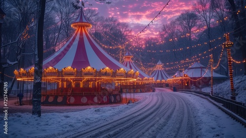  a merry go round in the middle of a snow covered park with lights strung across the top of it and a pink and purple sky in the background with white clouds.