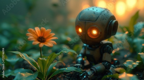  a small robot with glowing eyes sitting in a field of grass with a flower in the foreground and a yellow flower in the foreground, with a blurry background.