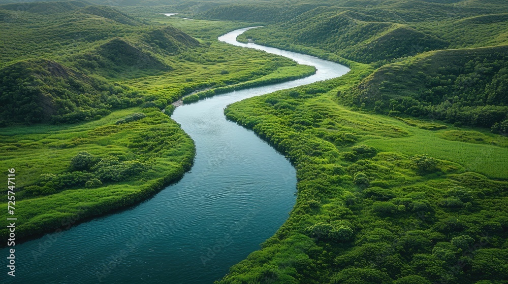 An Aerial Exploration of Natural Majesty: Capturing the Contrasting Textures and Patterns of a Winding River Flowing Through a Lush Valley, Highlighting its Breathtaking Beauty and Hidden Depths