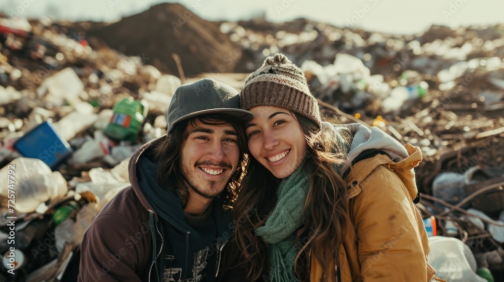 Couple smiling at camera against trash pile background