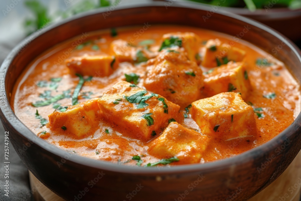 Paneer Butter Masala or Cheese Cottage Curry in serving a bowl