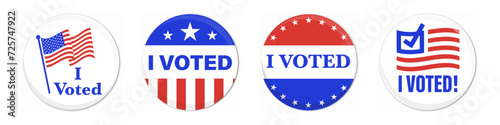 I voted stickers set with american flag. Voter badge. USA election campaign pins. photo