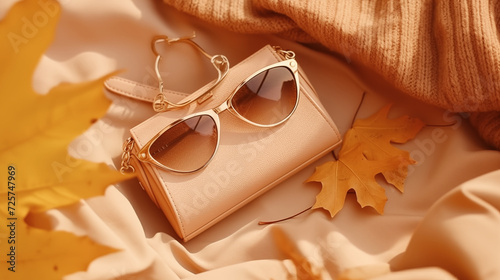 A stylish tan handbag and sleek sunglasses lay upon a vibrant blanket, exuding fashion and accessorizing for any occasion photo