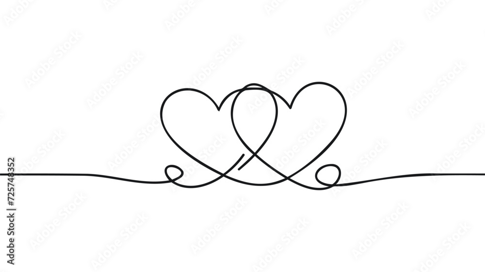 Continuous line drawing of love sign with two hearts embrace minimalism design on white background. - obrazy, fototapety, plakaty 