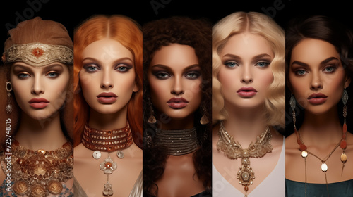A stunning display of feminine elegance and beauty as a group of women showcase their unique fashion sense through the use of statement necklaces and perfectly applied cosmetics