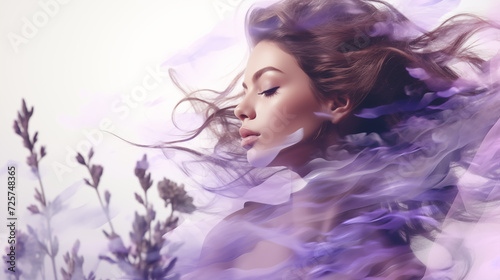 A dreamy girl, surrounded by a sea of violet and lavender flowers, embraces the serenity of closed eyes and wild, blowing hair, creating a beautiful and artistic representation of inner peace and fem photo