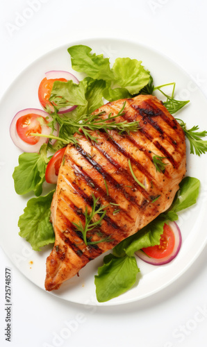 Juicy grilled chicken breast served with a fresh mixed greens salad on a white plate, isolated on a white background, top view