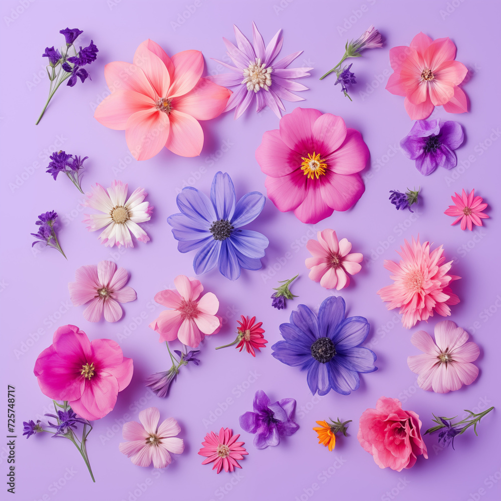 A vibrant display of annual plants, their petals ranging from violet to pink, against a rich purple background A vibrant display of annual plants, their petals ranging from violet to pink, against a rich purple background