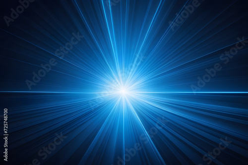 Blue and white abstract rays of light from a bright glowing center point with a dark background