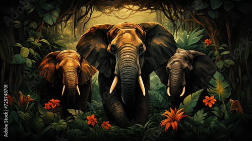 Elephants in the forest jungle