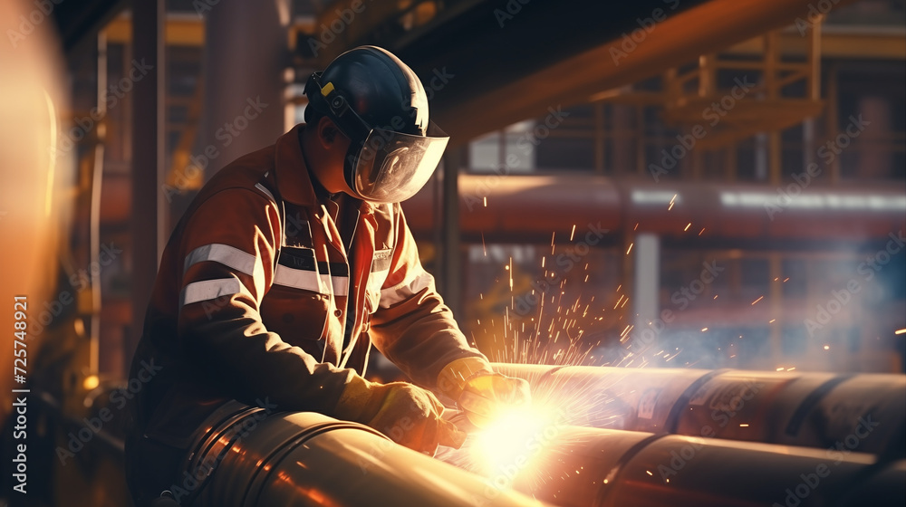 A skilled welder dons his protective helmet and work clothing as he expertly joins metal pipes together in the bustling factory, his precision and dedication evident in every fiery spark A skilled welder dons his protective helmet and work clothing as he expertly joins metal pipes together in the bustling factory, his precision and dedication evident in every fiery spark