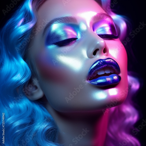 A vibrant doll-like woman with striking blue and pink makeup adorned with exaggerated eyelashes and flawless eyeliner  rocking bold lipstick and perfectly blended eyeshadow
