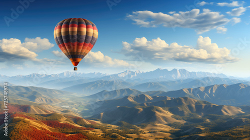 A hot air balloon flies over the mountainous terrain. © Eyd_Ennuard