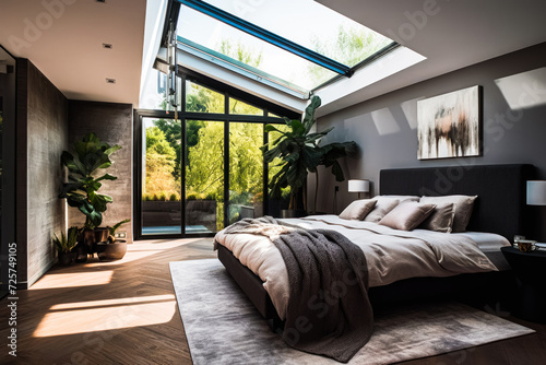 Bedroom with a beautiful skylight that fills the room with bright natural light, creating a warm and inviting atmosphere