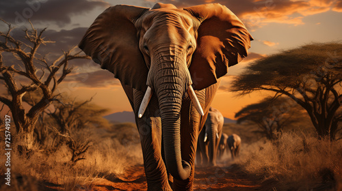 African elephant walking towards the viewer in the savannah against the backdrop of the sunset sky