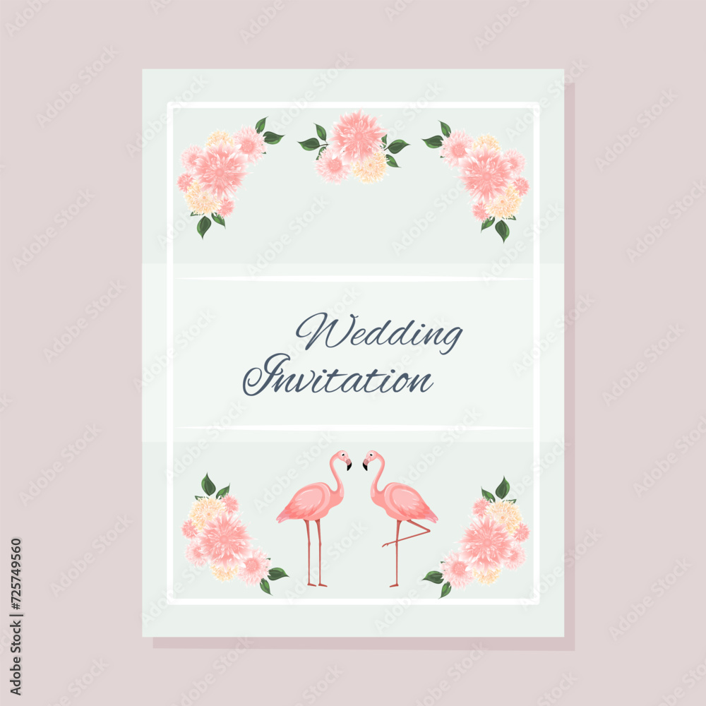 Wedding invitation, luxury invitation card background with flamingo. Wedding,Valentine's Day, baby shower,save the date,birthday. Vector illustration of a greeting card.