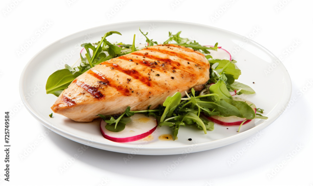 Juicy grilled chicken breast served with a fresh mixed greens salad on a white plate, isolated on a white background.