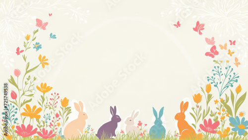 A gathering of several rabbits peacefully sitting in the lush grass with flowers