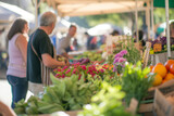 A vibrant farmers' market with stalls full of fresh produce, flowers, and artisanal goods, with people interacting and making purchases 
