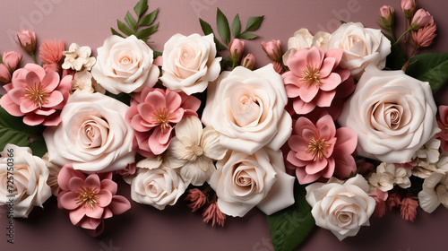 Flower pattern made of pink, beige roses flower buds. Top view.