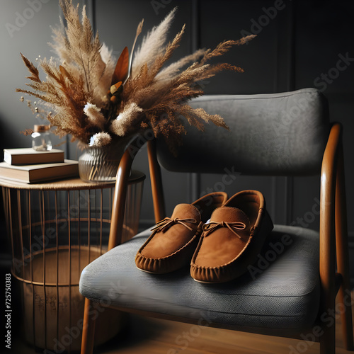 pair of Moccasin sits across a chair with a small minimalist bouquet photo