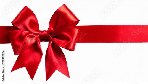 a large red ribbon bow on the left of a long straight piece of ribbon to be used as a birthday or christmas banner border isolated against a transparent background