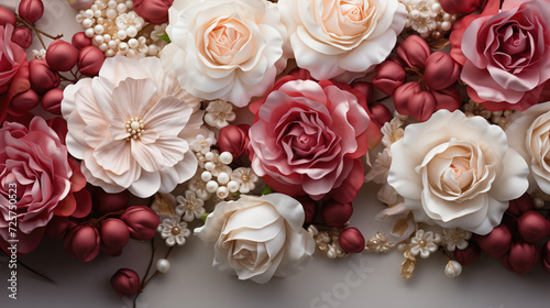 Bouquet of red and white roses.  Flat lay  top view.