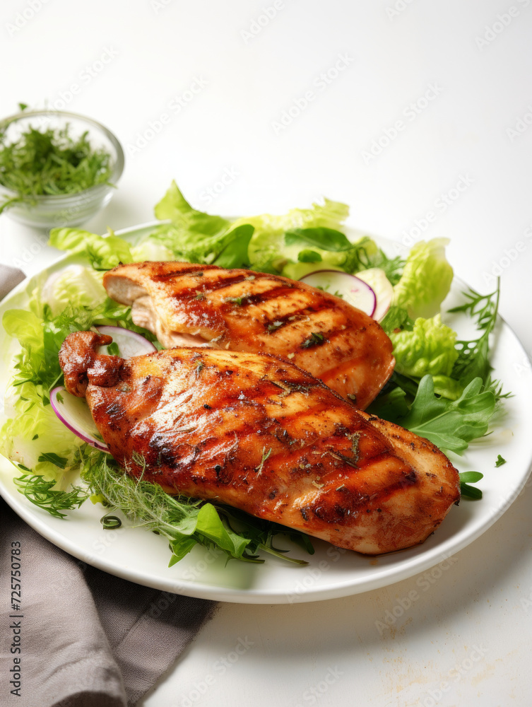 Juicy grilled chicken breast served with a fresh mixed greens salad on a white plate, isolated on a white background. Juicy grilled chicken breast served with a fresh mixed greens salad on a white plate, isolated on a white background.