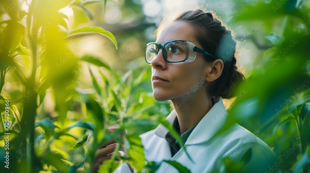 Scientist Examining Plant Growth in Greenhouse. Generative ai Scientist Examining Plant Growth in Greenhouse. Generative ai