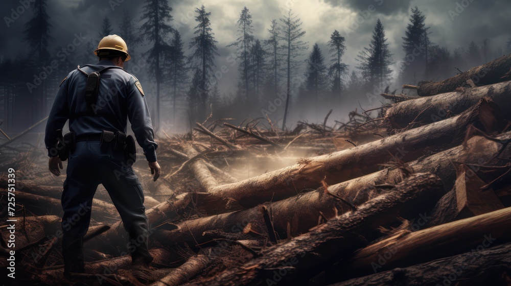 Illegal logging, felling of trees damages the forest environment, scattered pieces of wood and deforestation. Illegal logging, felling of trees damages the forest environment, scattered pieces of wood and deforestation.