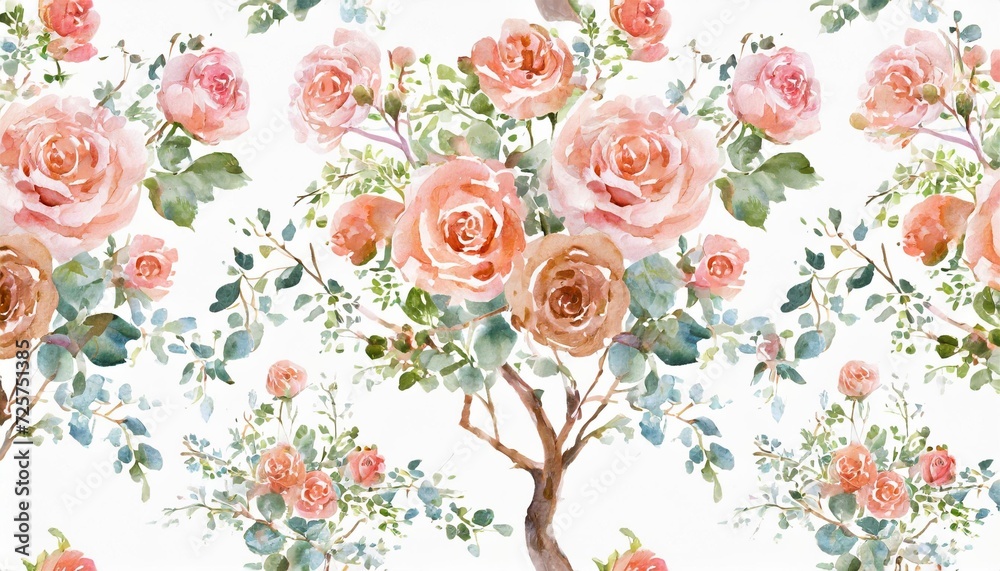 watercolor garden rose bouquet blooming tree seamless pattern chinoiserie floral texture on white