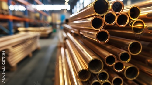 Stack of Polished Bronze Tubes at Industrial Warehouse. Generative ai