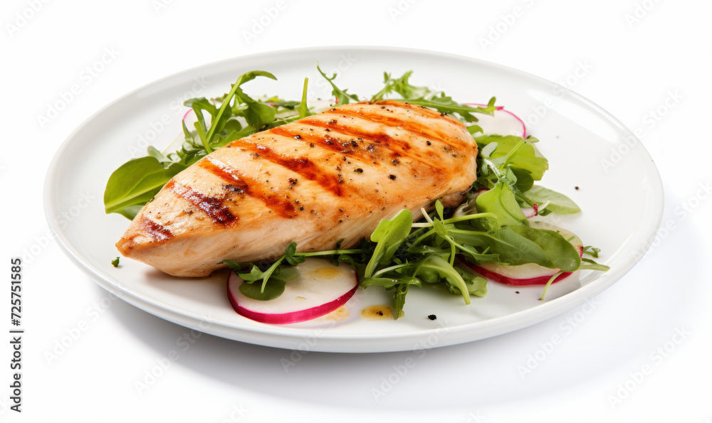 Juicy grilled chicken breast served with a fresh mixed greens salad on a white plate, isolated on a white background. Juicy grilled chicken breast served with a fresh mixed greens salad on a white plate, isolated on a white background.