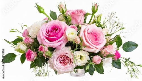 pink roses and eustoma lisianthus flowers in a floral arrangement isolated on white or transparent background