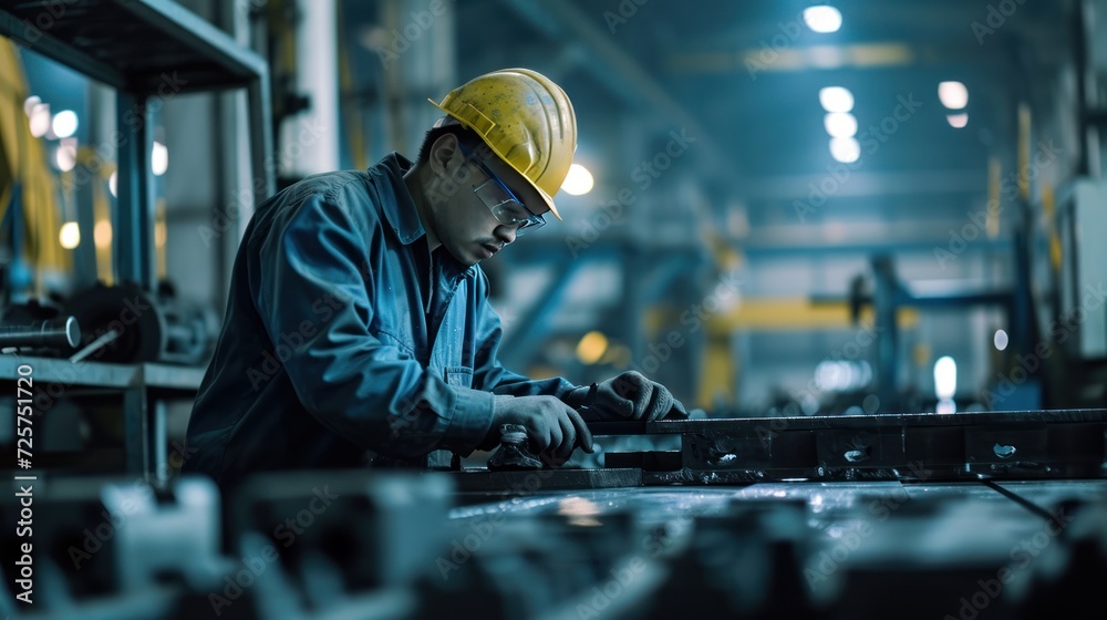 Workers do industrial work in a sheet metal parts factory. Workers do industrial work in a sheet metal parts factory.
