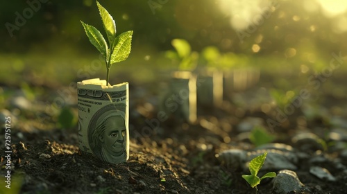 Small plants grow on rolled banknotes on the ground. photo