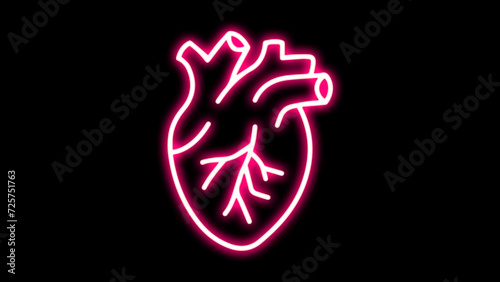 Medical cardiology pictogram. Heart Neon Label. Vector Illustration of Medical Human Health Objects. Medical structure of the neon human heart.