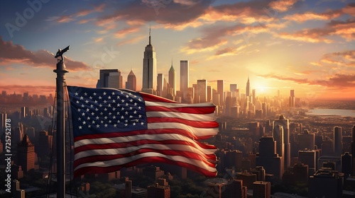 American Flag Waving at Sunrise in New York Cityscape. Generative ai