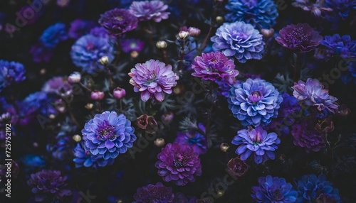 moody dark close up of blue and purple garden flowers floral pattern