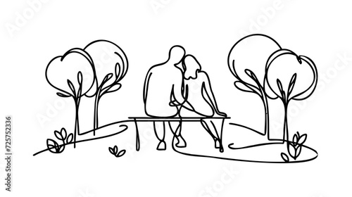 Single continuous line drawing romantic couple on bench in park. Happy man hugging and embracing woman.