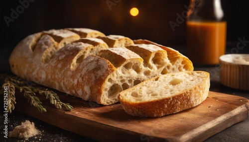Fresh ciabatta bread sliced on wooden board. Delicious Italian bakery