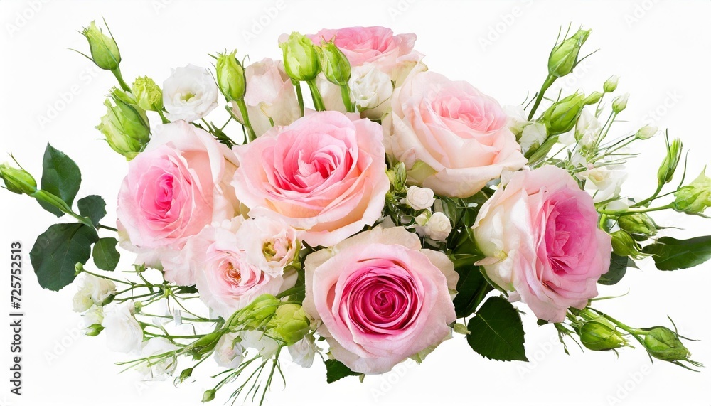 pink roses and eustoma lisianthus flowers in a floral arrangement isolated on white or transparent background