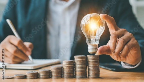 creative ideas for saving money concept businessman holding lightbulb with stack of coins on the table planning to manage future financial growth