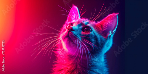 Background with cute cat with neon lights generative ai © GHart