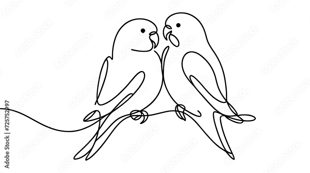 Vector one line illustration with two parrots on a branch on white background. Vector one line illustration with two parrots on a branch on white background.