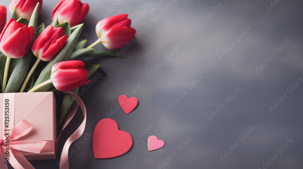 Walentynki 14 lutego - romantyczne minimalistyczne tło na życzenia. Mockup, szablon z prezentem, sercem i dekoracjami dla zakochanych. Symbol wyznana uczuć miłości. Kwiaty dla zakochanej kobiety - obrazy, fototapety, plakaty 