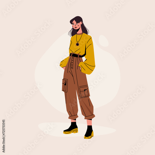 Fashionable flat girl. Young trendy women in stylish casual hipster clothes, trendy fashionista character, social media influencer. Vector cartoon illustration