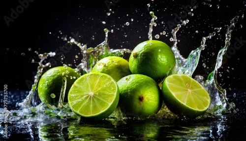 limes with water splash on black background